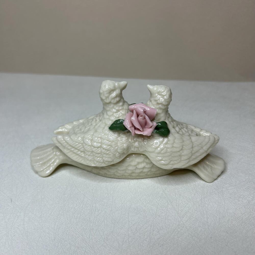 Vintage Dove Trinket Box Pink Rose Ceramic Jewelry Dish